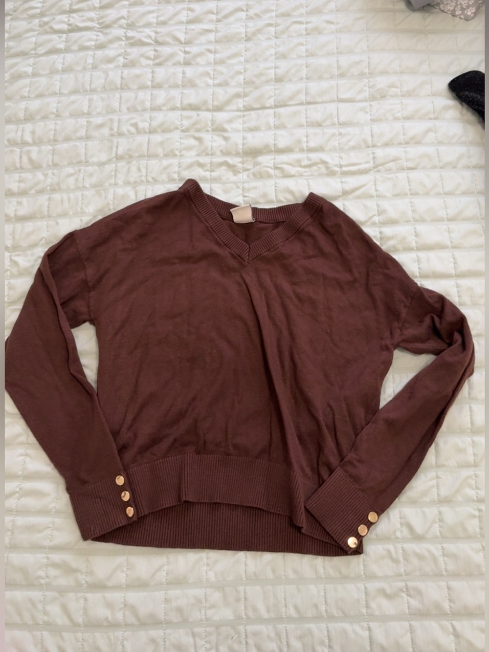Brown V‑Neck Button Cuff Sweater